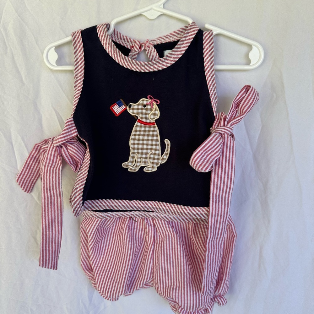Kids Navy & Red Striped Matching Set with American Flag Dog Applique